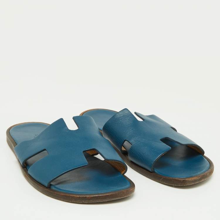 Pre Owned Hermes Blue Leather Izmir Slides Size 41