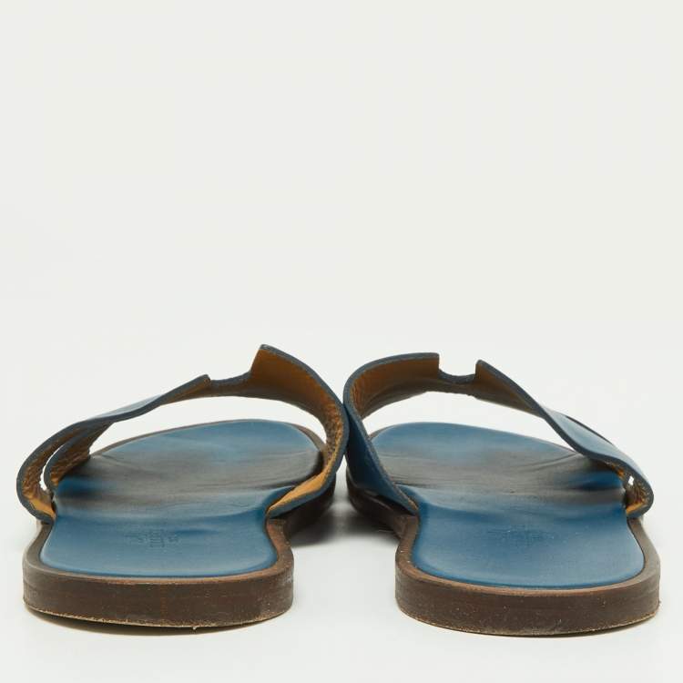 Pre Owned Hermes Blue Leather Izmir Slides Size 41