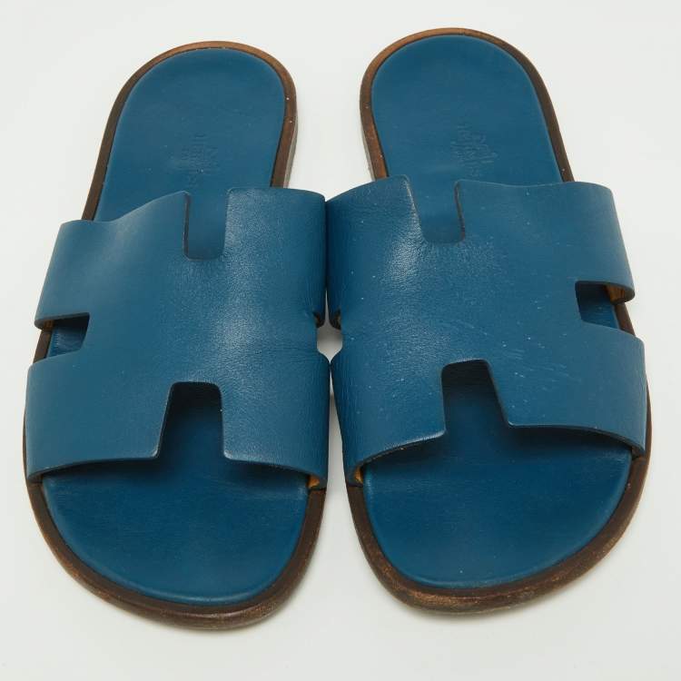 Pre Owned Hermes Blue Leather Izmir Slides Size 41