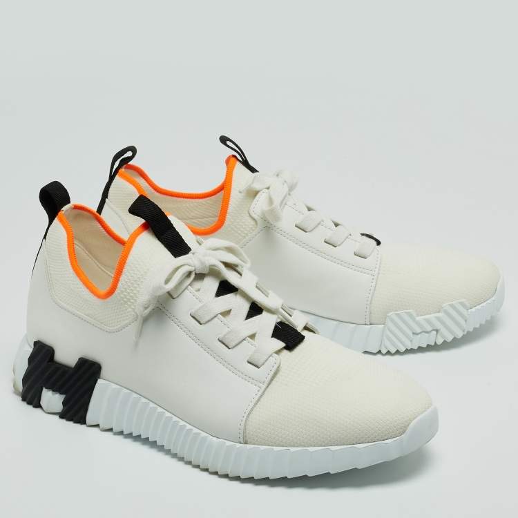 Pre Owned Hermes White Leather and Knit Fabric Depart Sneakers Size 42