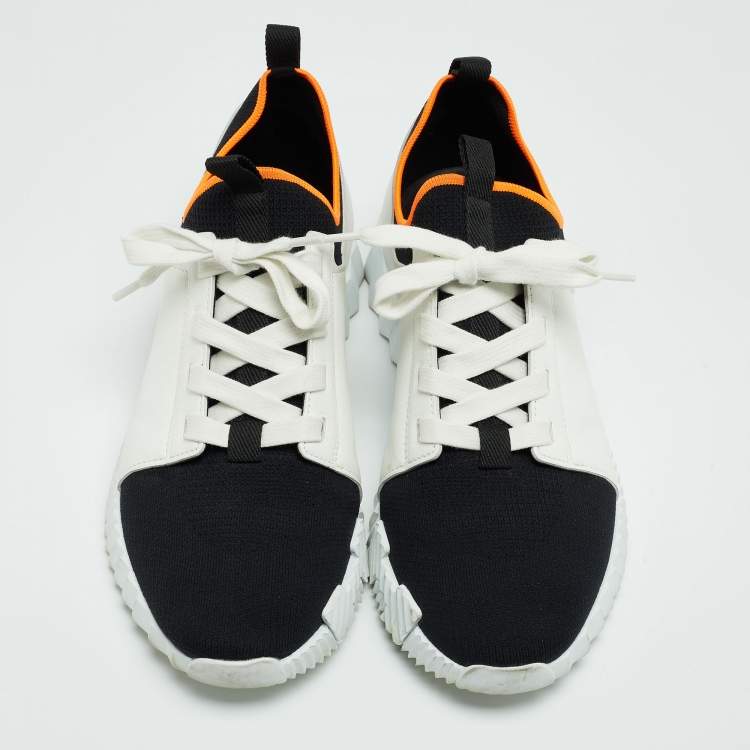 Pre Owned Hermes White/Black Leather and Knit Fabric Depart Sneakers Size 42