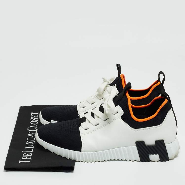 Pre Owned Hermes White/Black Leather and Knit Fabric Depart Sneakers Size 42