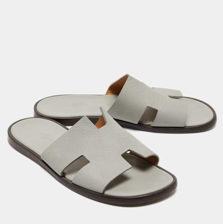 Pre Owned Hermes Grey Leather Izmir Slides Size 41