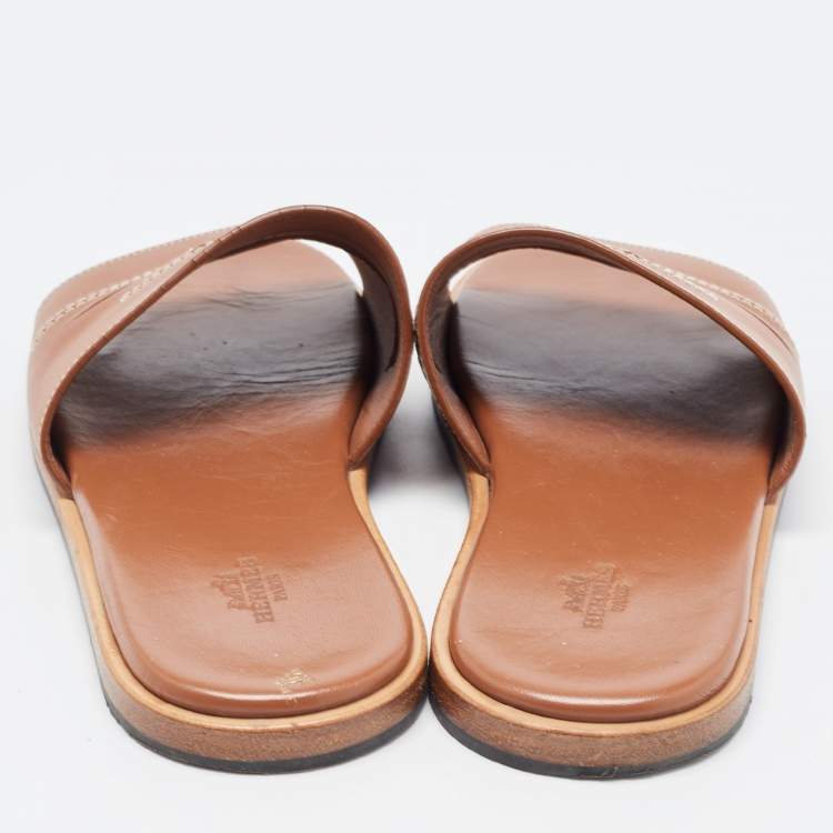 Pre Owned Hermes Tan Leather Slides Size 41