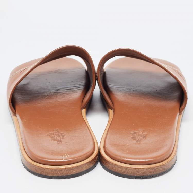 Pre Owned Hermes Tan Leather Slides Size 41