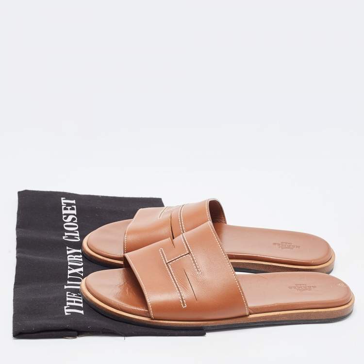 Pre Owned Hermes Tan Leather Slides Size 41