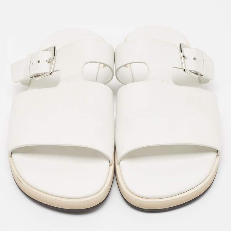 Pre Owned Hermes White Leather Buckle Detail Flat Slide Sandals Size 42.5