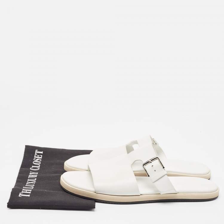 Pre Owned Hermes White Leather Buckle Detail Flat Slide Sandals Size 42.5