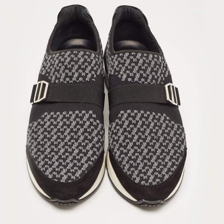 Pre Owned Hermes Black/White Knit Fabric and Leather Run Sneakers Size 42