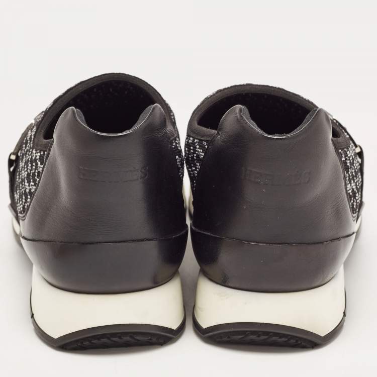 Pre Owned Hermes Black/White Knit Fabric and Leather Run Sneakers Size 42