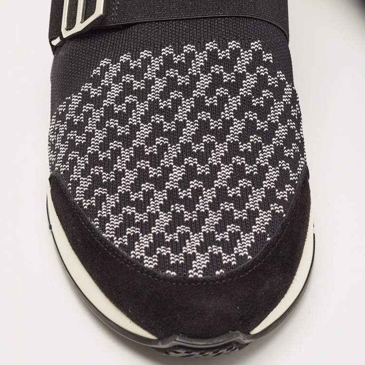 Pre Owned Hermes Black/White Knit Fabric and Leather Run Sneakers Size 42
