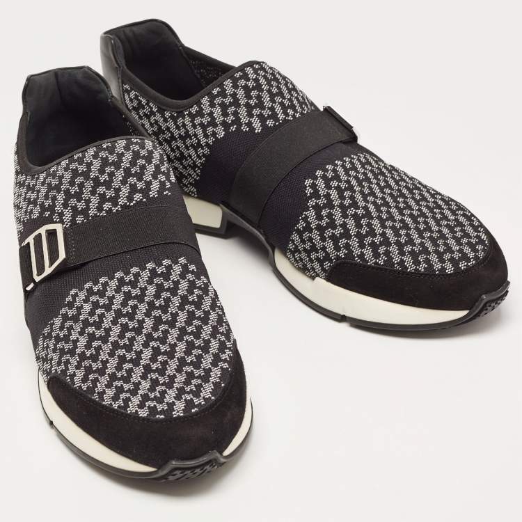 Pre Owned Hermes Black/White Knit Fabric and Leather Run Sneakers Size 42