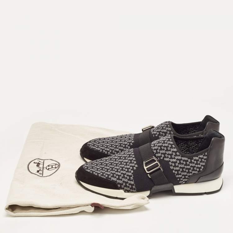 Pre Owned Hermes Black/White Knit Fabric and Leather Run Sneakers Size 42