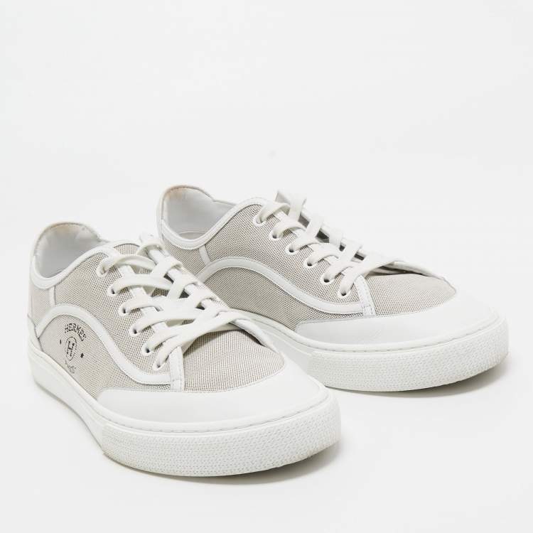 Pre Owned Hermes Grey/White Leather and Canvas Get Low Top Sneakers Size 42