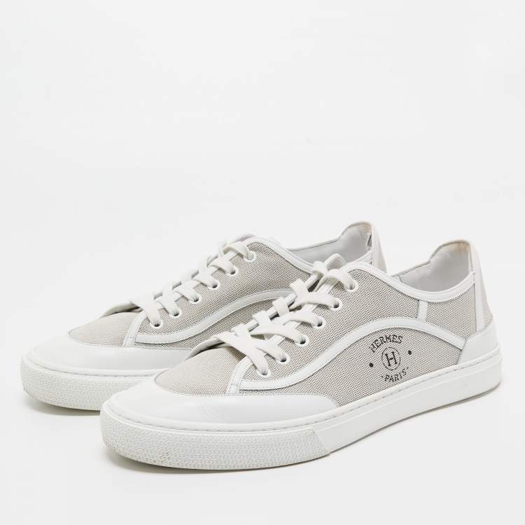 Pre Owned Hermes Grey/White Leather and Canvas Get Low Top Sneakers Size 42