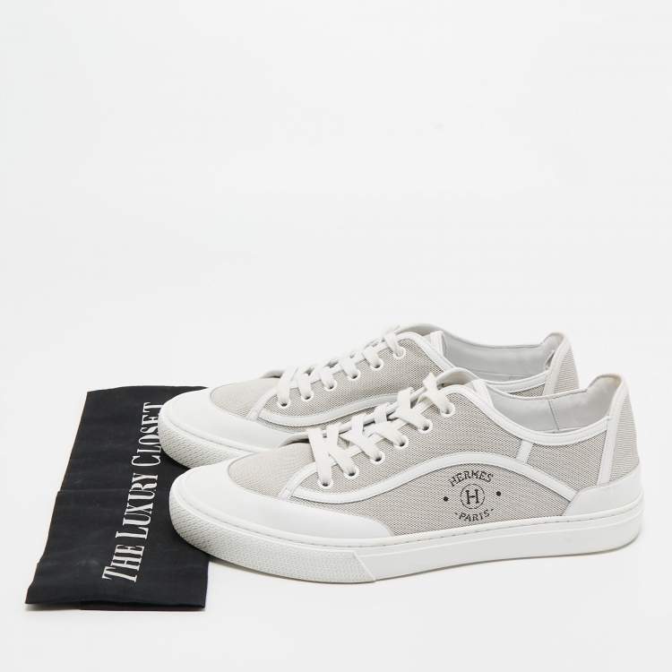 Pre Owned Hermes Grey/White Leather and Canvas Get Low Top Sneakers Size 42