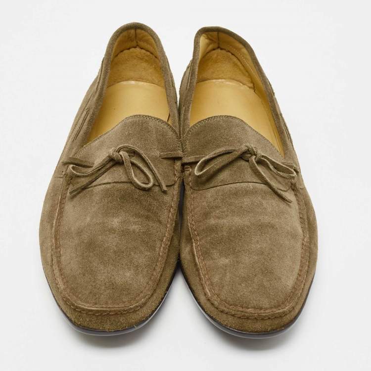 Pre Owned Hermes Olive Green Suede Bow Accents Loafers Size 44