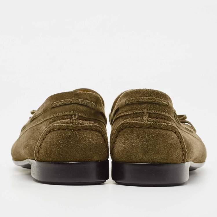 Pre Owned Hermes Olive Green Suede Bow Accents Loafers Size 44
