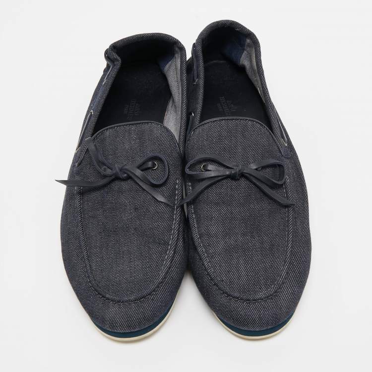 Pre Owned Hermes Blue Denim Bow Accents Loafers Size 44