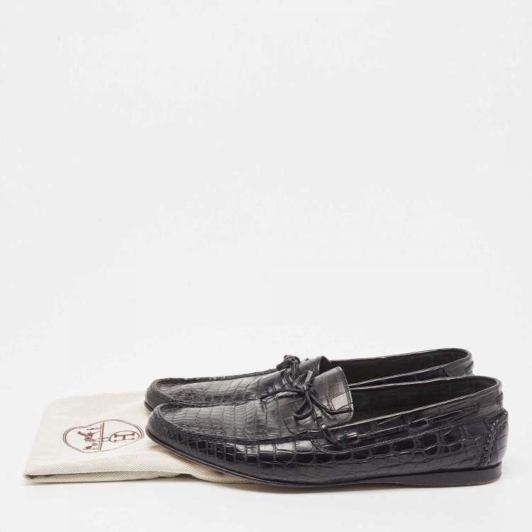 Pre Owned Hermes Black Alligator Bow Slip On Loafers Size 43
