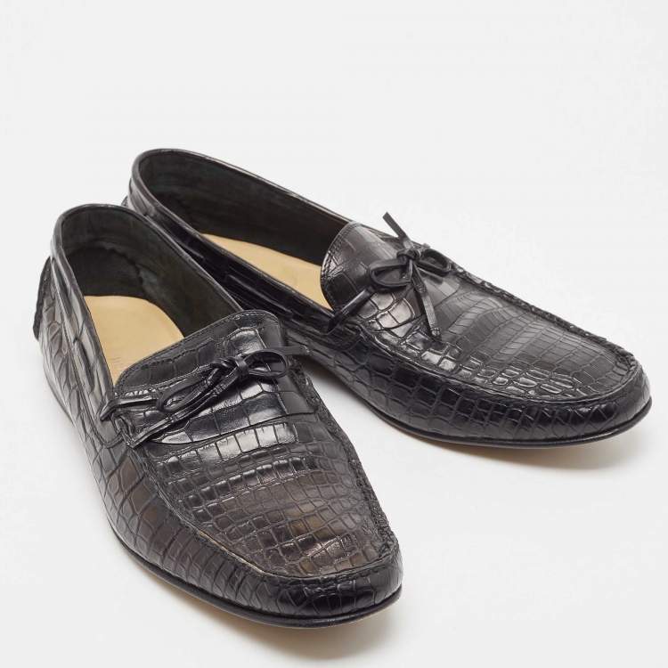 Pre Owned Hermes Black Alligator Bow Slip On Loafers Size 43