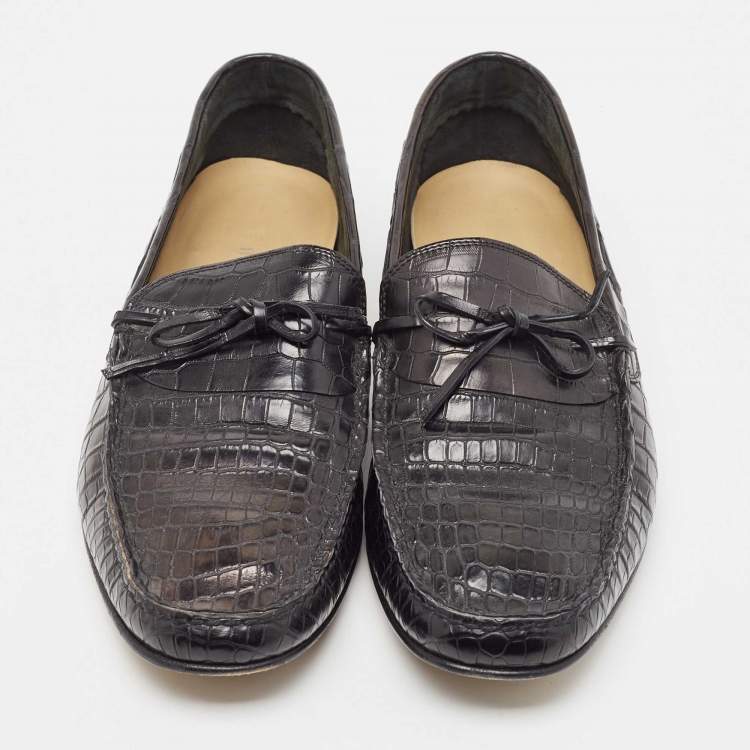 Pre Owned Hermes Black Alligator Bow Slip On Loafers Size 43