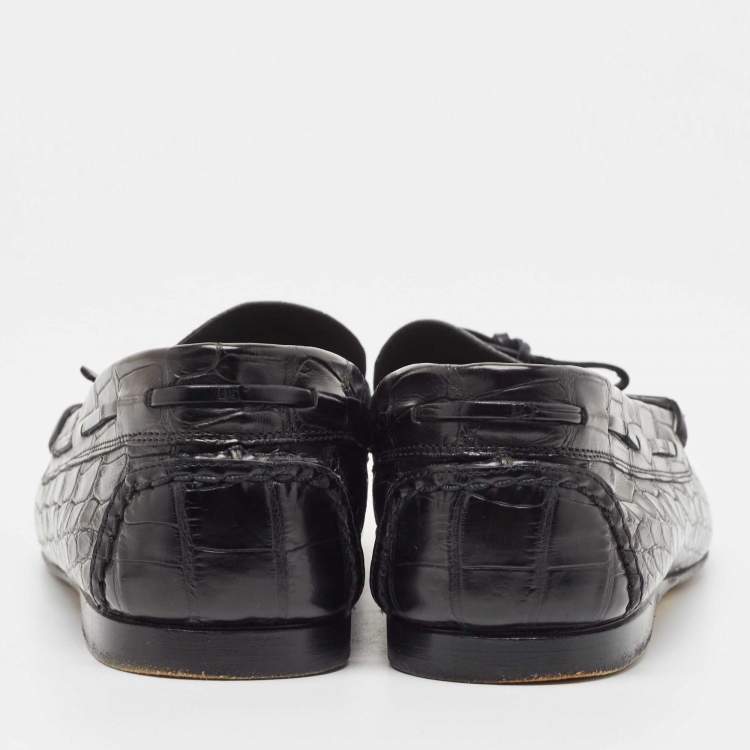Pre Owned Hermes Black Alligator Bow Slip On Loafers Size 43