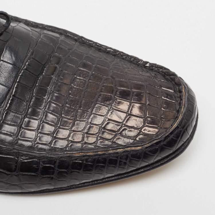 Pre Owned Hermes Black Alligator Bow Slip On Loafers Size 43