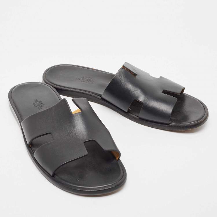 Pre Owned Hermes Black Leather Izmir Sandals Size 43