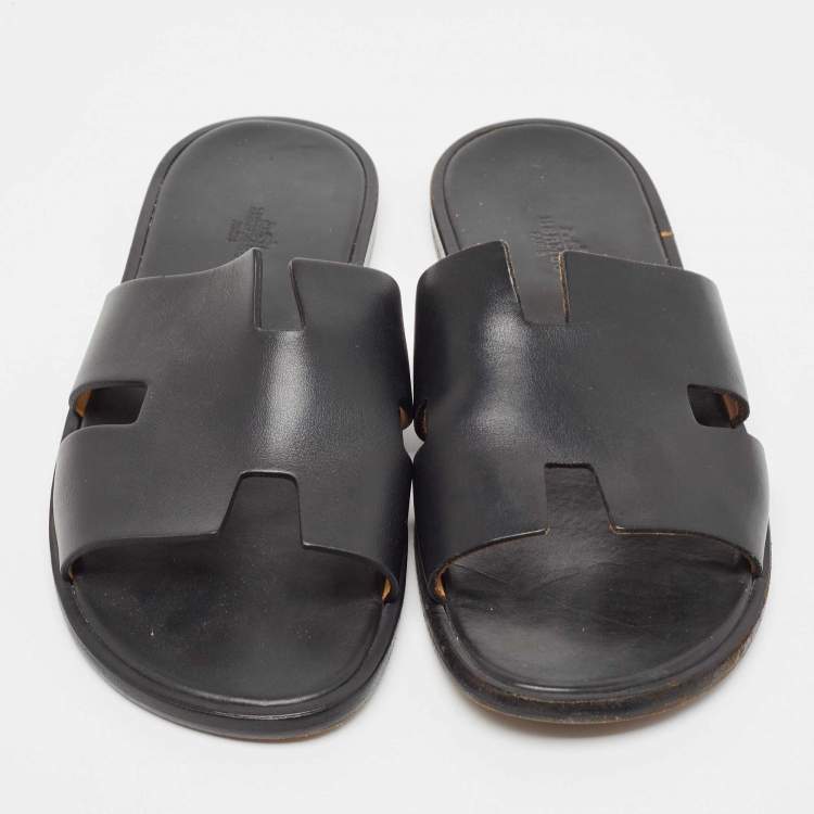 Pre Owned Hermes Black Leather Izmir Sandals Size 43