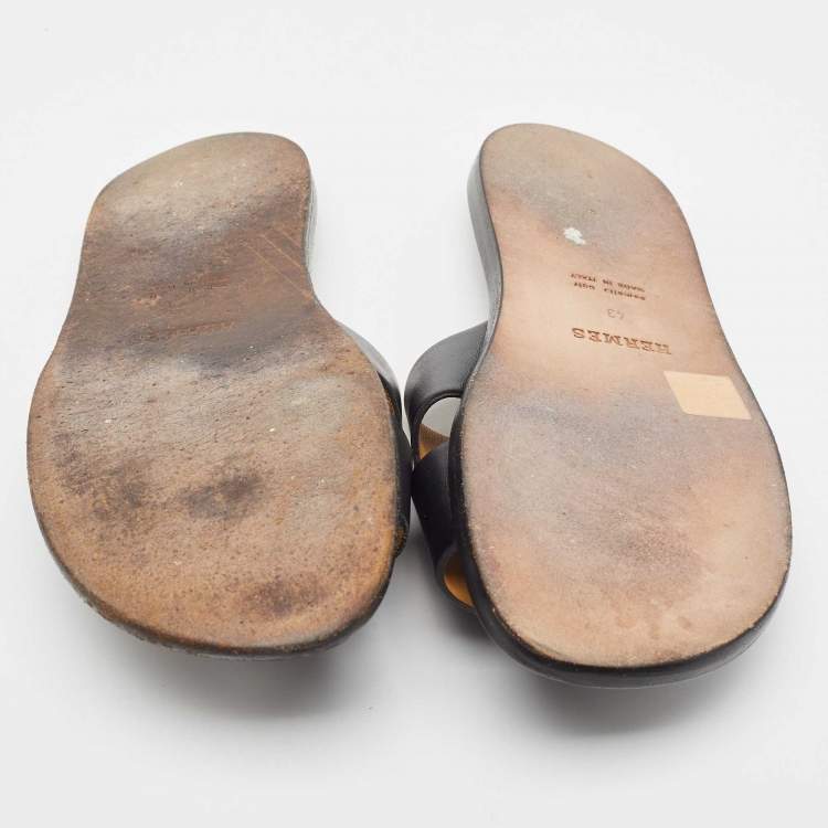 Pre Owned Hermes Black Leather Izmir Sandals Size 43