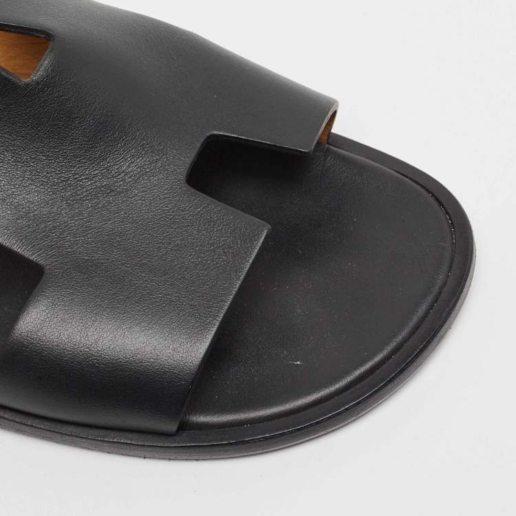 Pre Owned Hermes Black Leather Izmir Sandals Size 43