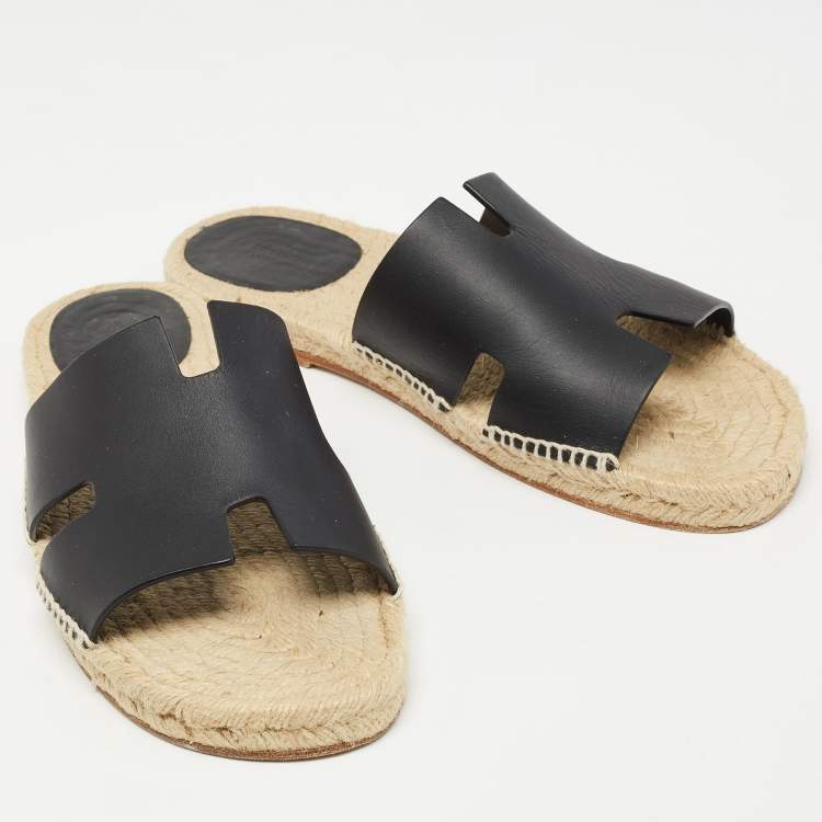 Pre Owned Hermes Black Leather Antigua Espadrille Flats Size 45 
