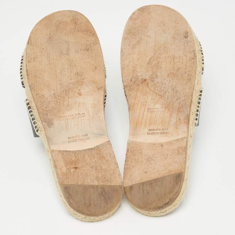 Pre Owned Hermes Black Leather Antigua Espadrille Flats Size 45 