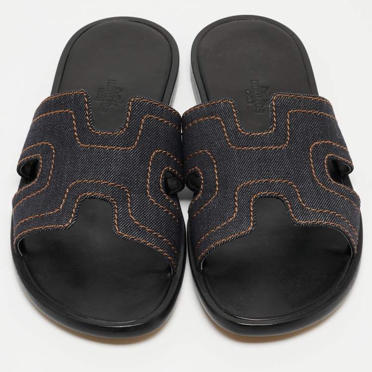 Pre Owned Hermes Navy Blue Denim Izmir Slides Size 41