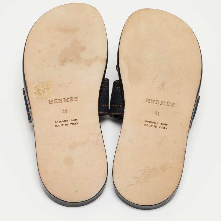 Pre Owned Hermes Navy Blue Denim Izmir Slides Size 41