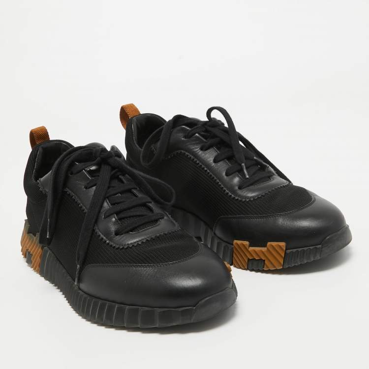 Pre Owned Hermes Black Leather and Mesh Bouncing Low Top Sneakers Size 41.5 