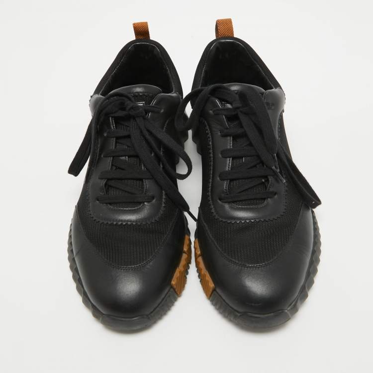 Pre Owned Hermes Black Leather and Mesh Bouncing Low Top Sneakers Size 41.5 