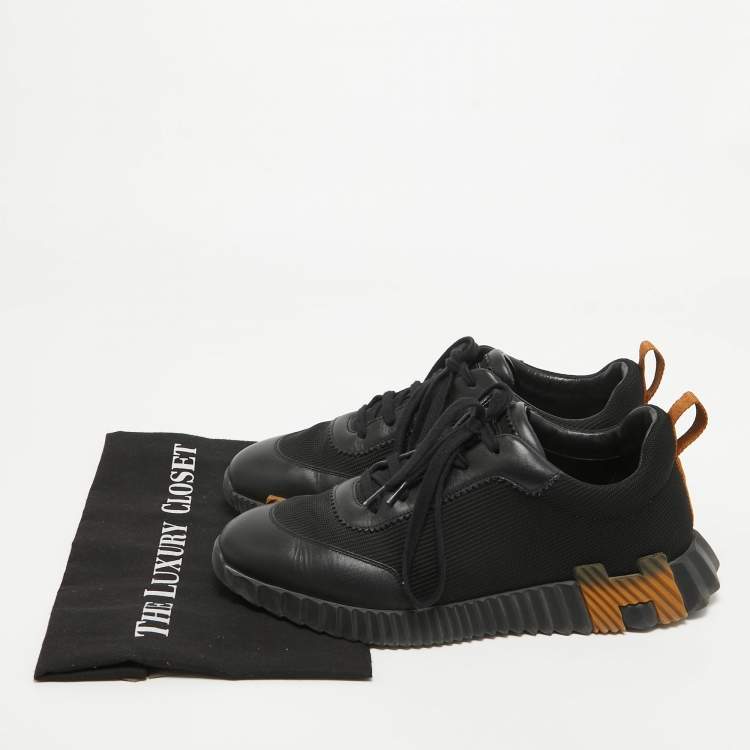 Pre Owned Hermes Black Leather and Mesh Bouncing Low Top Sneakers Size 41.5 