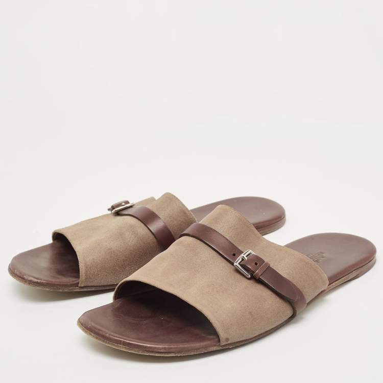 Pre Owned Hermes Brown/Brown Leather and Suede Flat Slides Size 43 