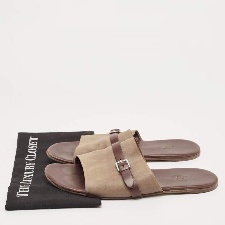 Pre Owned Hermes Brown/Brown Leather and Suede Flat Slides Size 43 