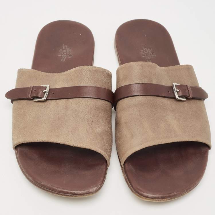 Pre Owned Hermes Brown/Brown Leather and Suede Flat Slides Size 43 