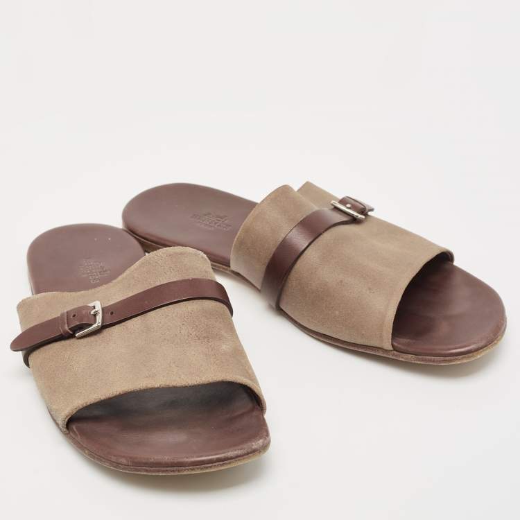 Pre Owned Hermes Brown/Brown Leather and Suede Flat Slides Size 43 