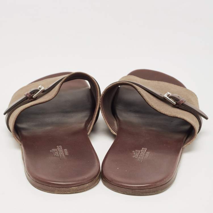Pre Owned Hermes Brown/Brown Leather and Suede Flat Slides Size 43 