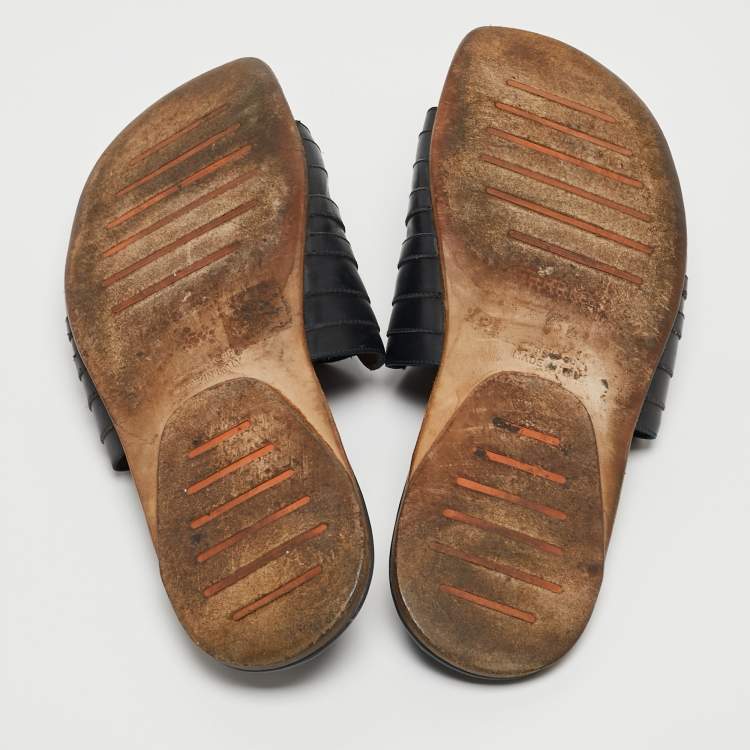 Pre Owned Hermes Black Leather Flat Slides Size 43.5  
