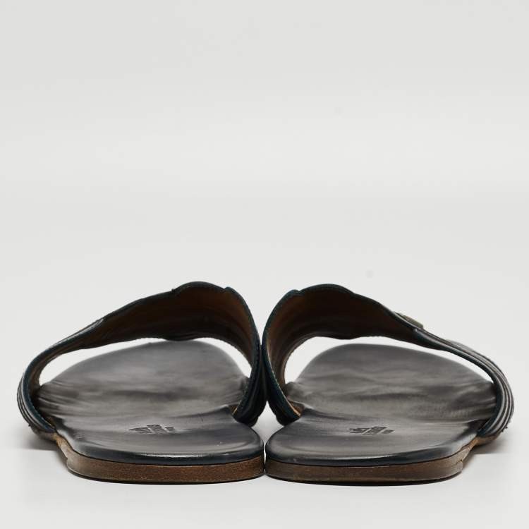 Pre Owned Hermes Black Leather Flat Slides Size 43.5  