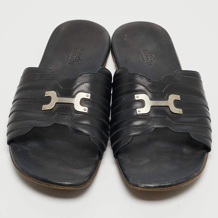 Pre Owned Hermes Black Leather Flat Slides Size 43.5  