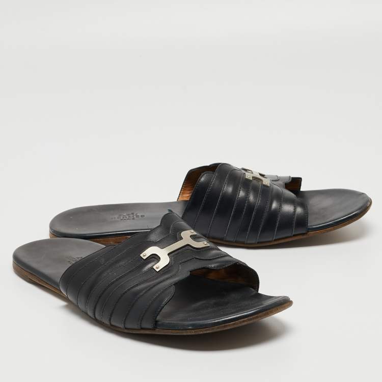Pre Owned Hermes Black Leather Flat Slides Size 43.5  