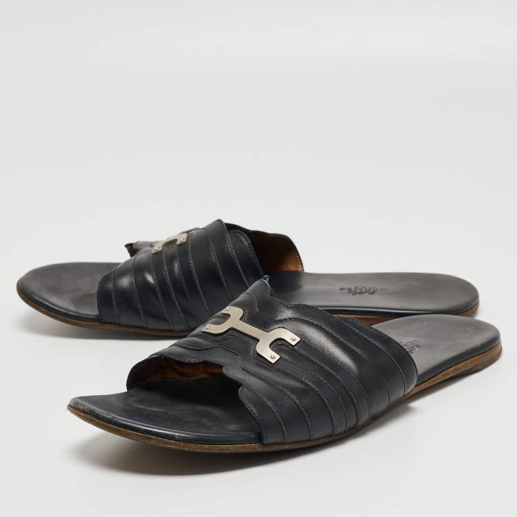 Pre Owned Hermes Black Leather Flat Slides Size 43.5  