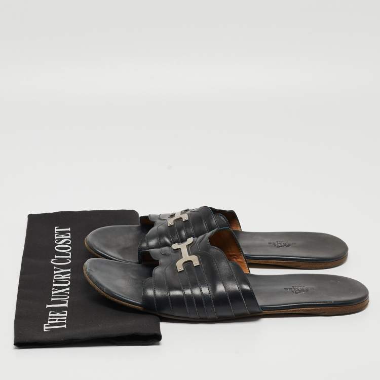 Pre Owned Hermes Black Leather Flat Slides Size 43.5  